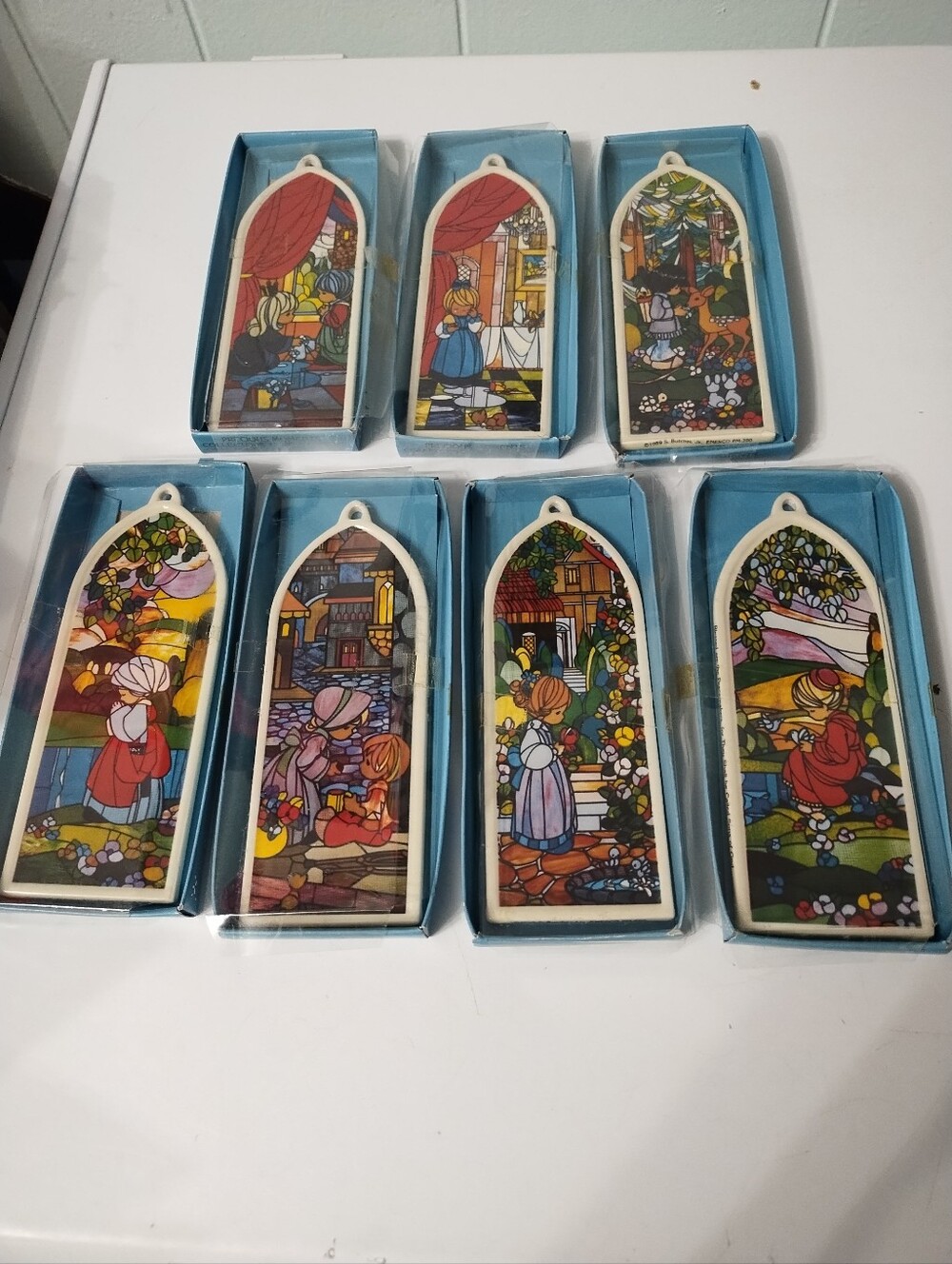 1989 Precious Moments Set Of 7 Stained Glass Ornaments--rare Find!